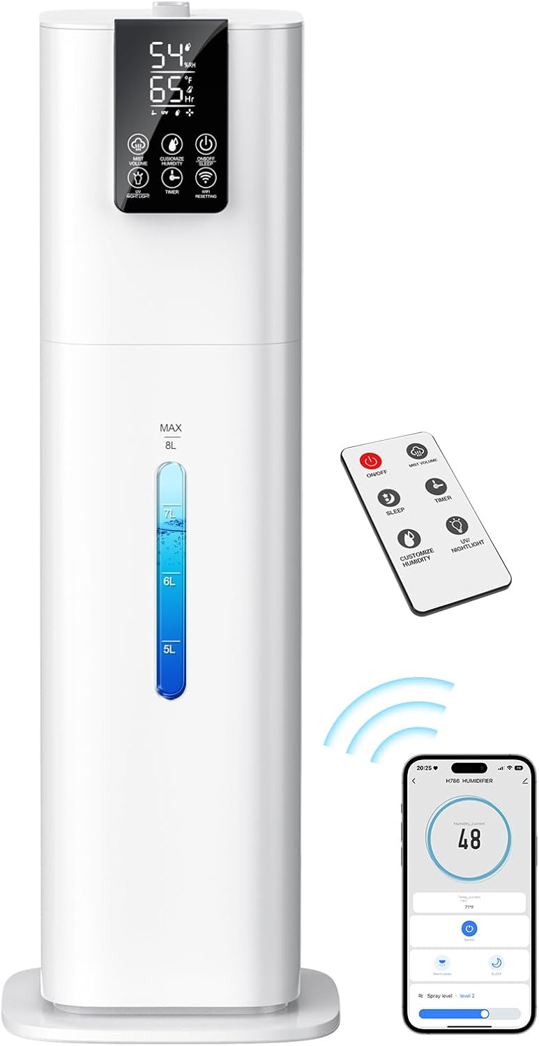 Smart Humidifiers Large Room Bedroom Home, 8L Top Fill Cold Mist Humidifiers with 3 Adjustable Mist Levels, Smart App & Remote Control, 48H Runtime, Nightlight, 12H Timer, Humidity Setting