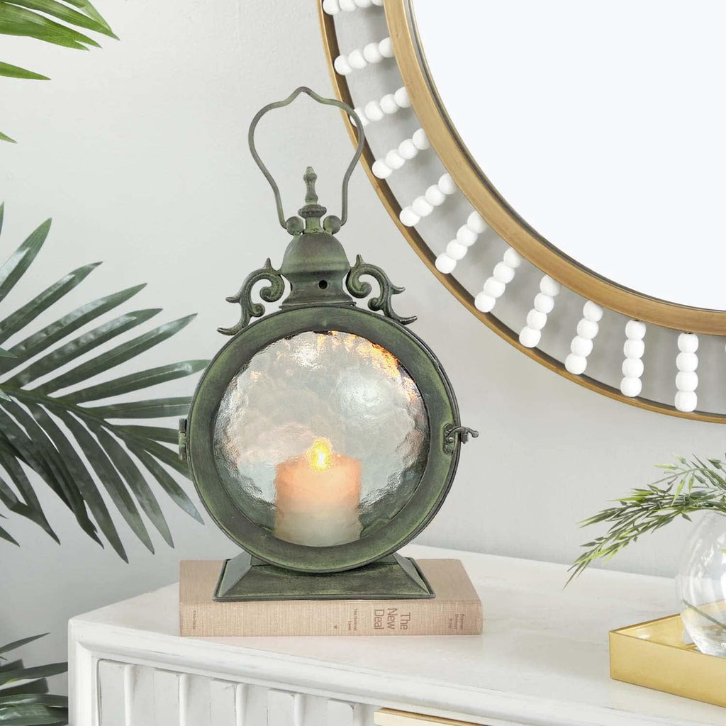 Metal Round Hanging Candle Lantern with Curved Glass Insert k7p