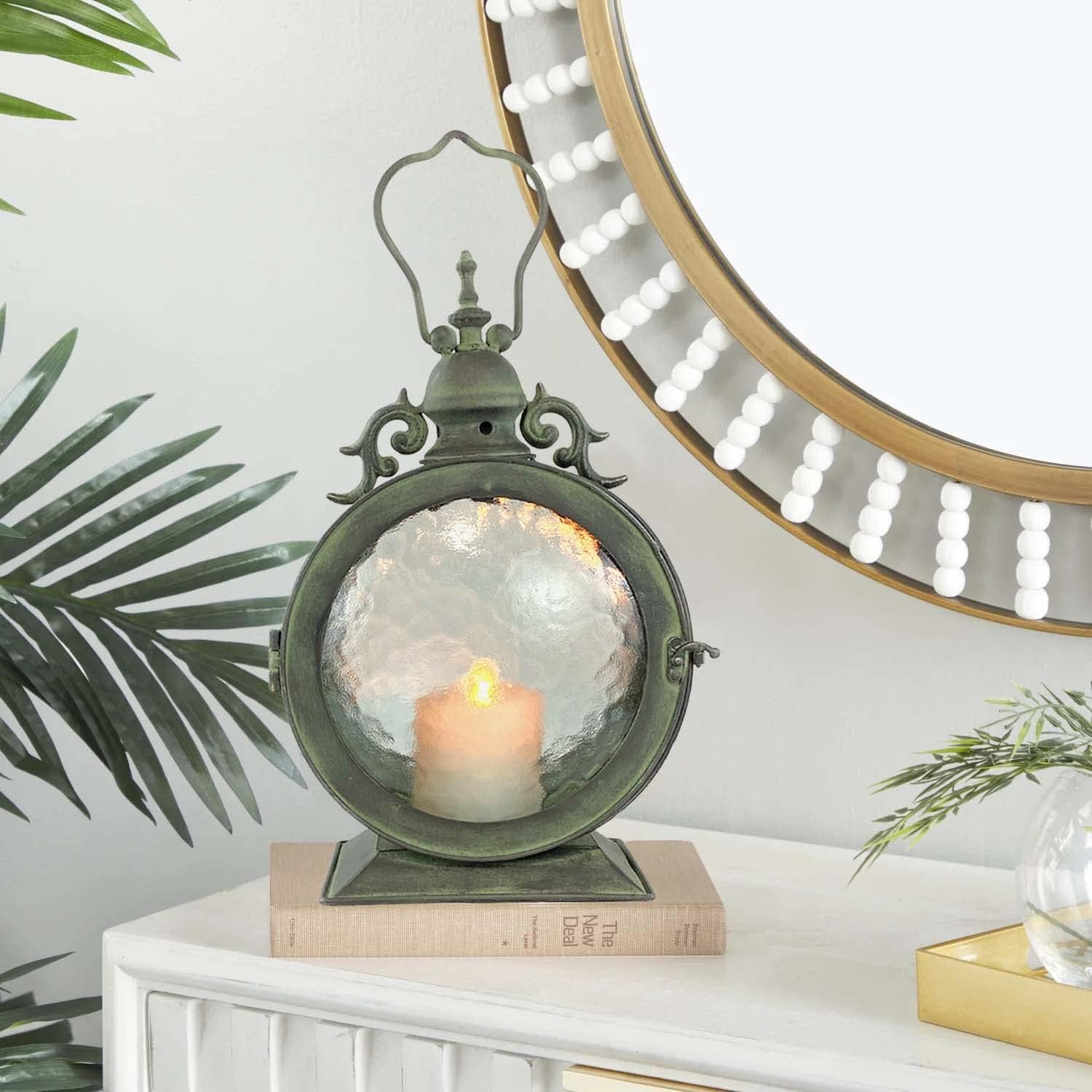 Metal Round Hanging Candle Lantern with Curved Glass Insert k7p