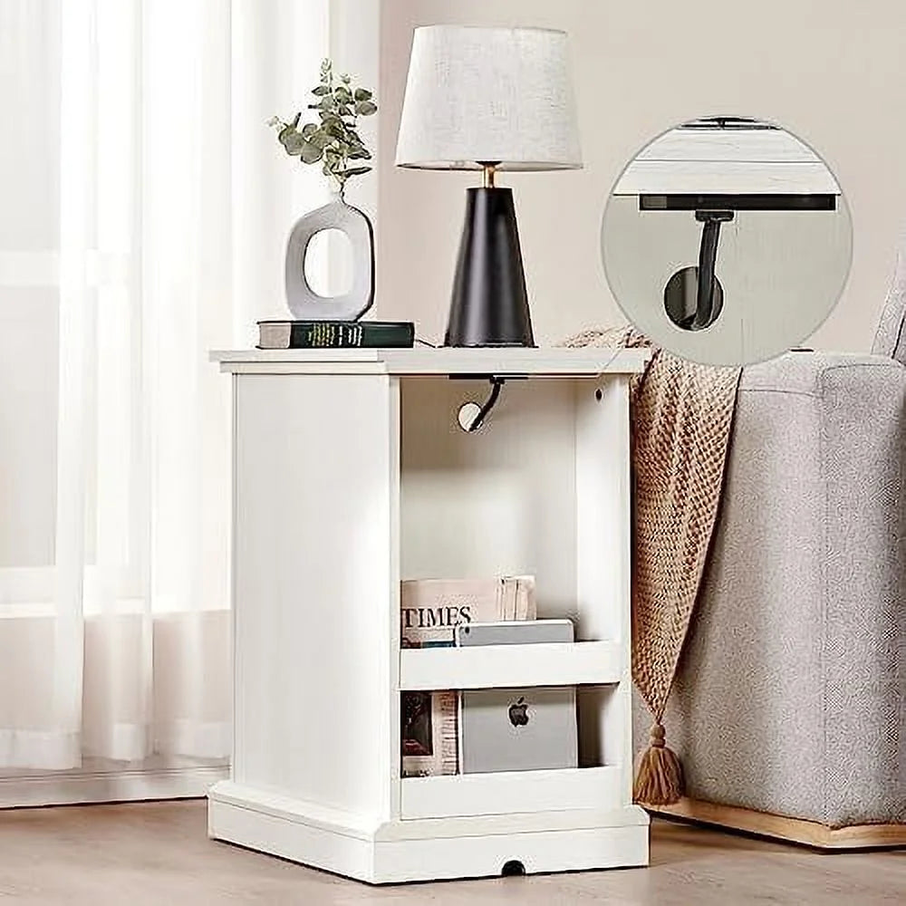 Set of 2 End Table with Charging Station and USB Ports, Glass Door, Distressed White L46911