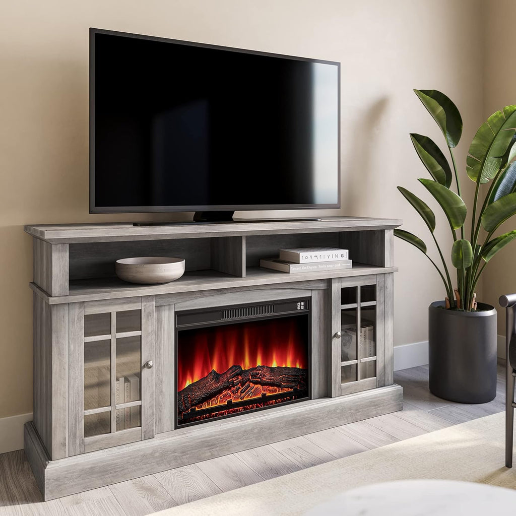 Rustic Electric Fireplace TV Stand for TVs up to 65 Inches with Storage Shelves and Cabinets k7m