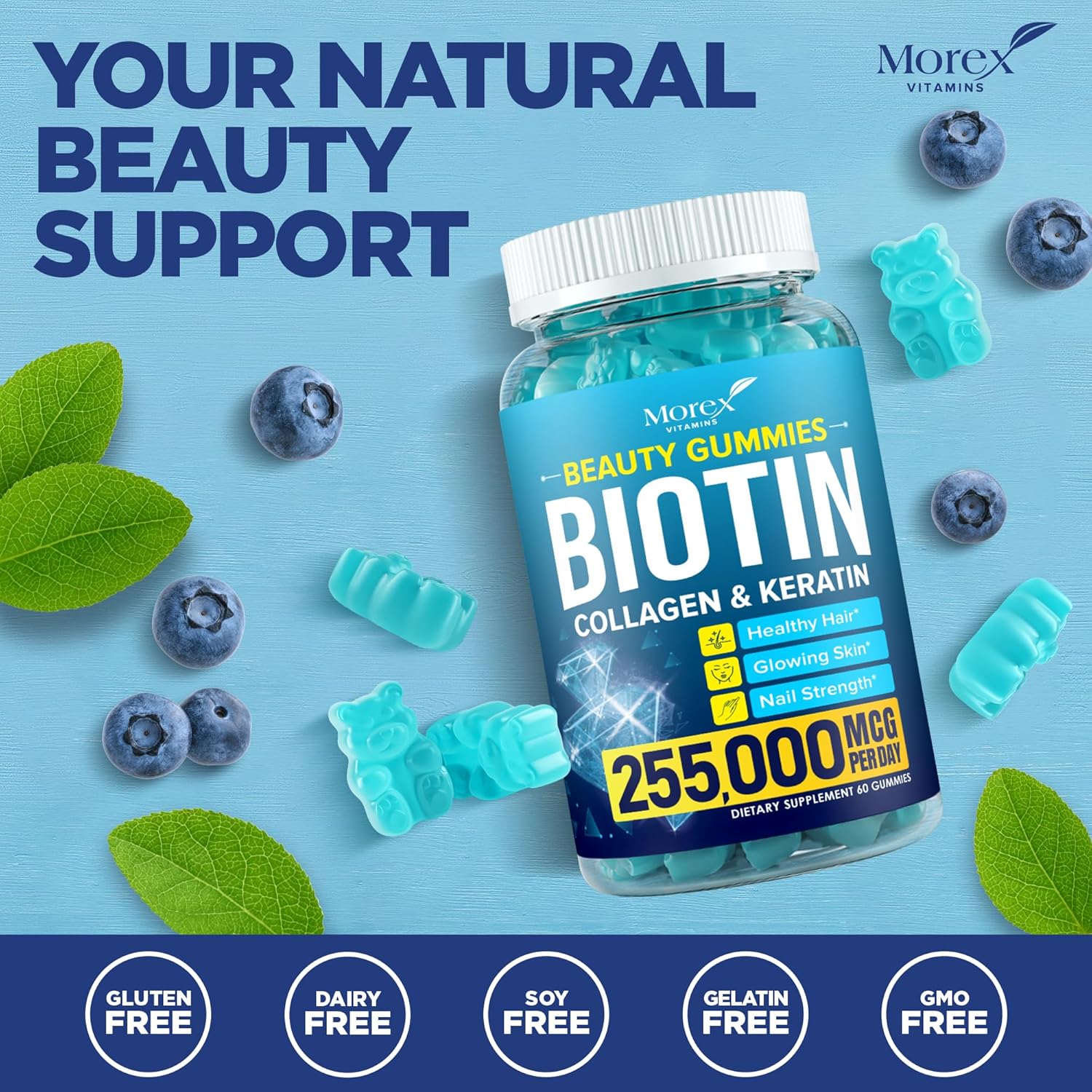 Hair Biotin Gummies for Skin Nails Collagen Keratin 60ct k7