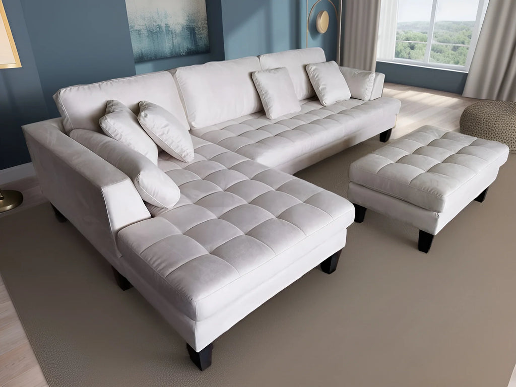 STENDMAR 3pc L Shape 120" Contemporary Cream Microfiber Sectional Sofa Chaise Ottoman S168LW