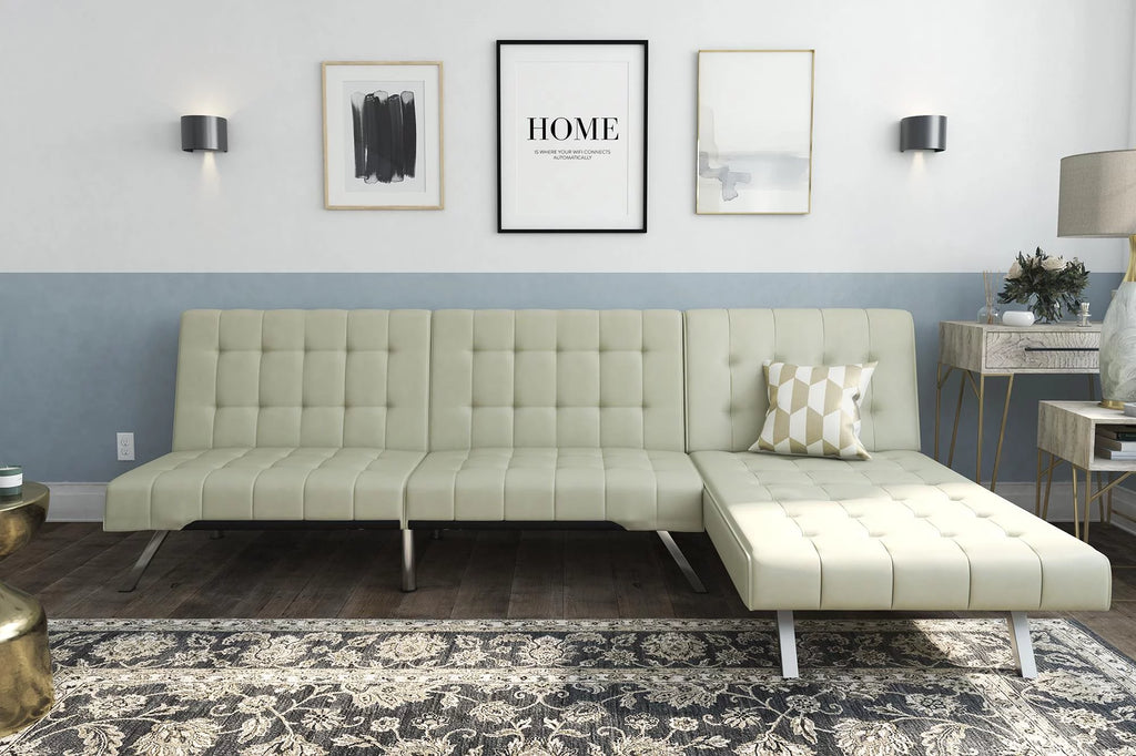 DHP Emily Sectional Futon Sofa Bed with Convertible Chaise Lounger, Modern Design with Sturdy Chrome Legs, Vanilla Faux Leather