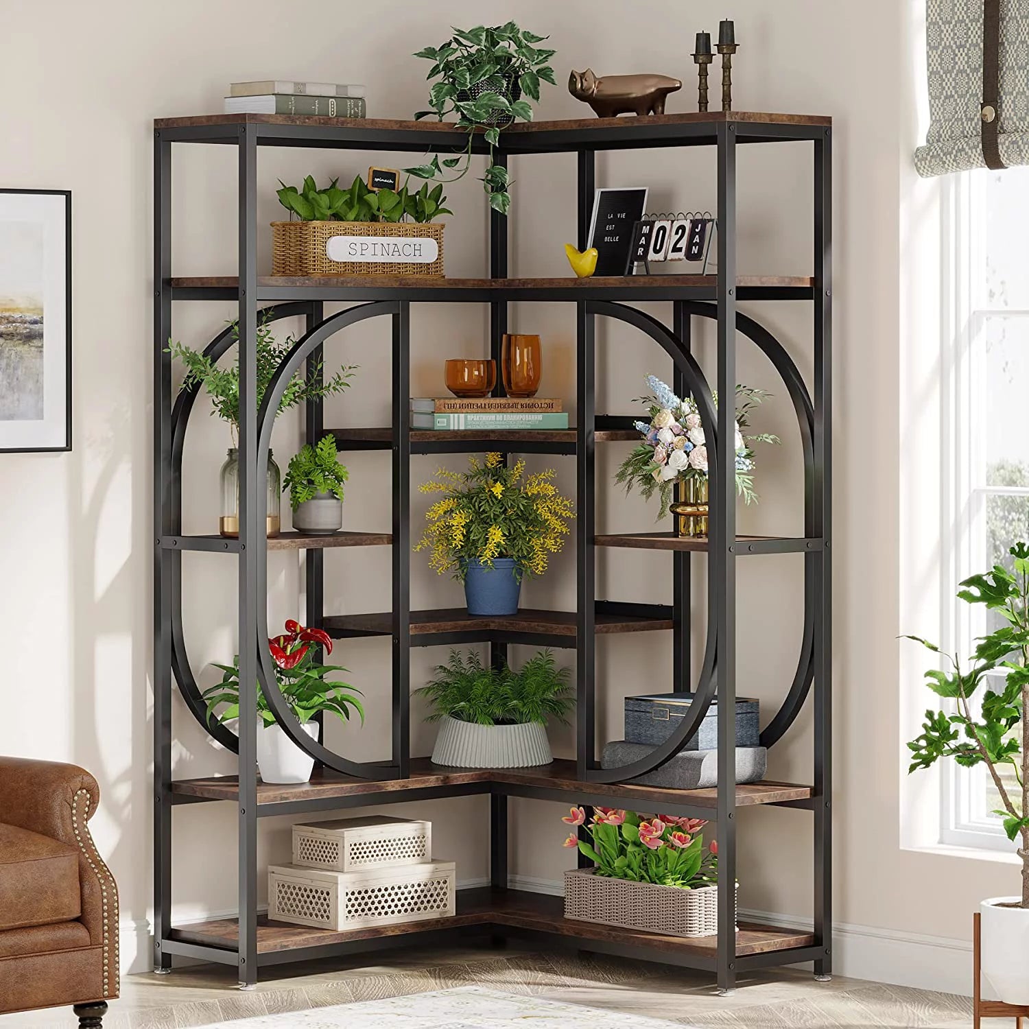 Tribesigns L Shaped Corner Bookshelf, 7 Shelf Bookcase, Rustic Brown & Black T1191