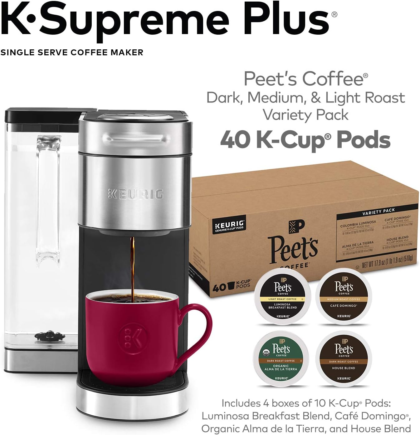 Keurig K-Supreme Plus Coffee Maker, Stainless Steel + Peet's Coffee K-Cup Pods Variety Pack, 40 Count F99744