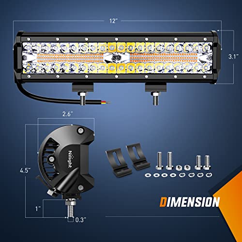 Nilight LED Light Bar 12 Inch 300W Spot Flood Combo 2 Pcs 4 inch 60W LED Pods Boat Driving Fog Lights with Off Road Wiring Harness- 3 Leads for Trucks Pickup Golf Cart SUV ATV UTV 4x4 Van Camper a7