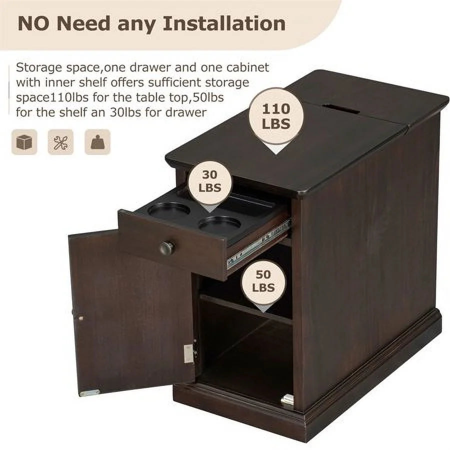 Churanty Vintage End Table with USB Ports, Drawer and Cup Holders T166892
