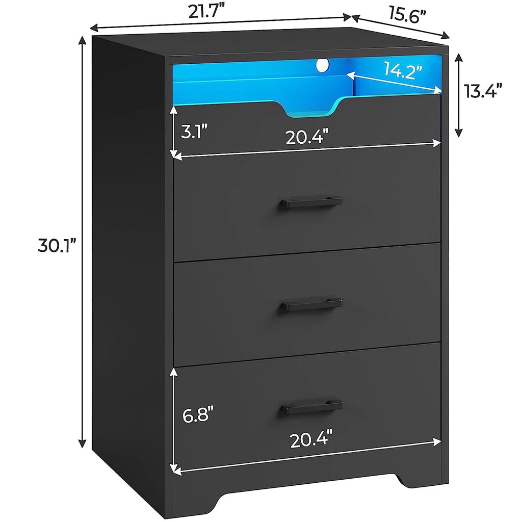 3 Drawers Dresser with LED Lights for Bedroom, Black X891730