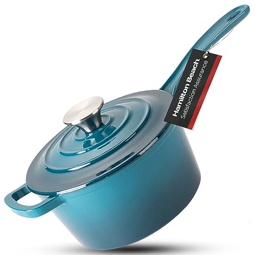 Hamilton Beach Enameled Cast Iron Sauce Pan 2-Quart Red, Cream Enamel coating, Pot For Stove top and Oven Cooking, Even Heat Distribution, Safe Up to 400 Degrees, Durable