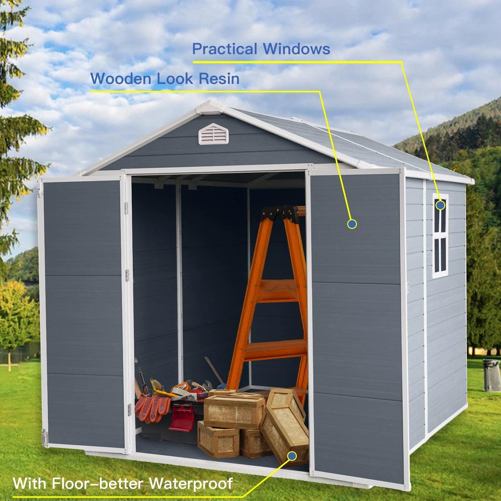 Outdoor Resin Storage Shed 8x6 ft with Lockable Door, Gray X86795