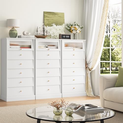 finetones 6 Drawer Dresser Black with Gold Accents and Glass Drawers J156