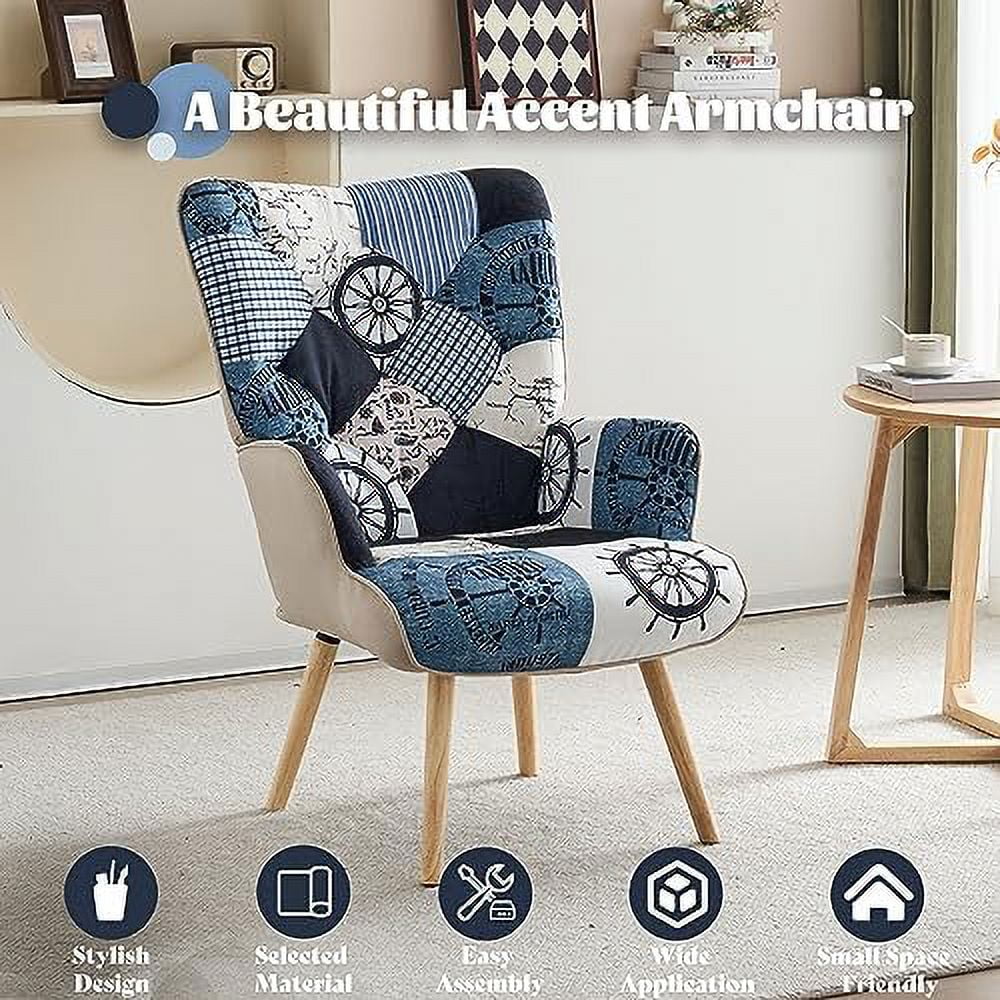 NLIBOOMLife Accent Chair with High Backrest Wooden Base Upholstered Armchair Grey Plaid K87763