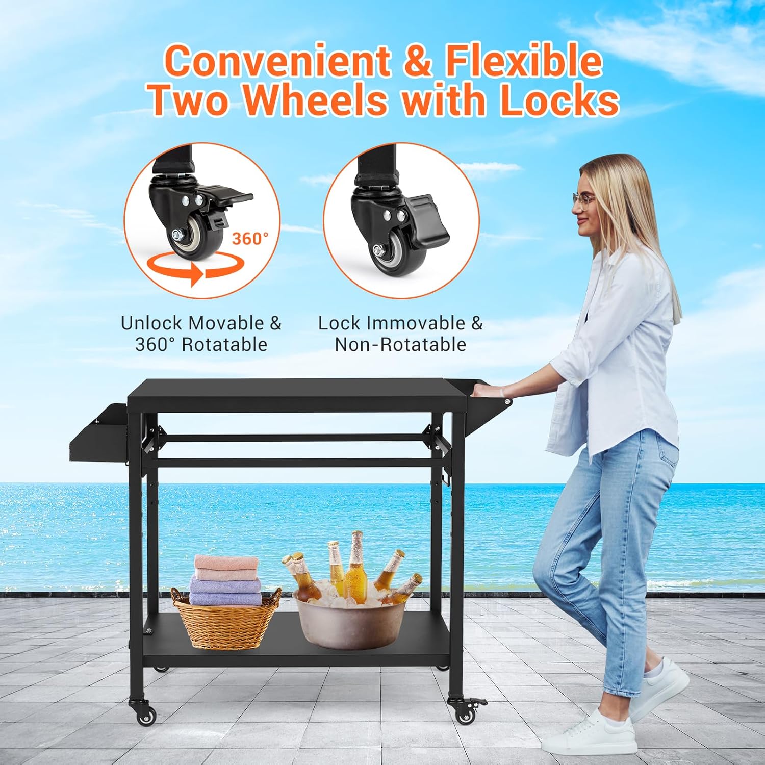 Outdoor Grill Cart with Lockable Wheels, Heavy Duty BBQ Prep Table, Black P68832