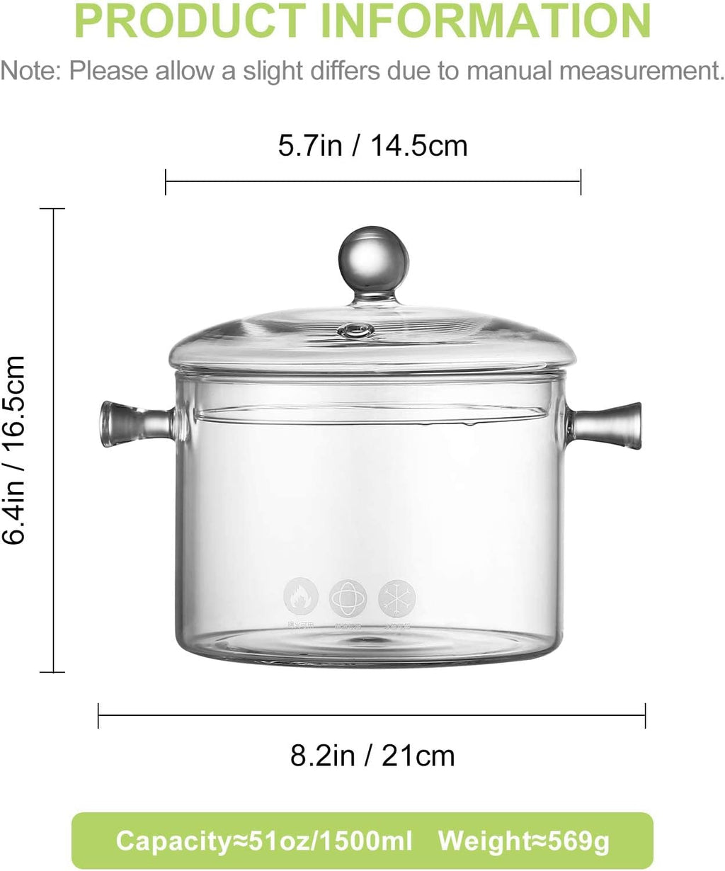 Glass Saucepan with Cover 1.5 Liter Heat Resistant Cookware k7