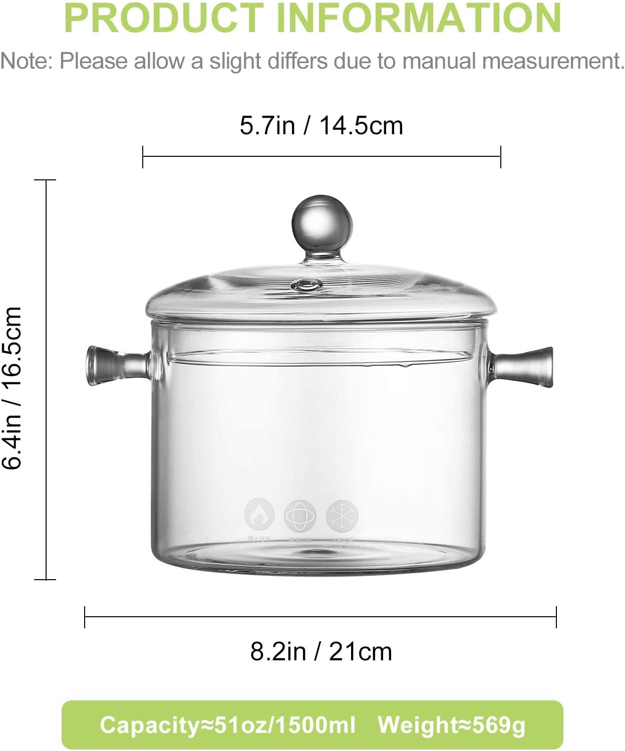 Glass Saucepan with Cover 1.5 Liter Heat Resistant Cookware k7