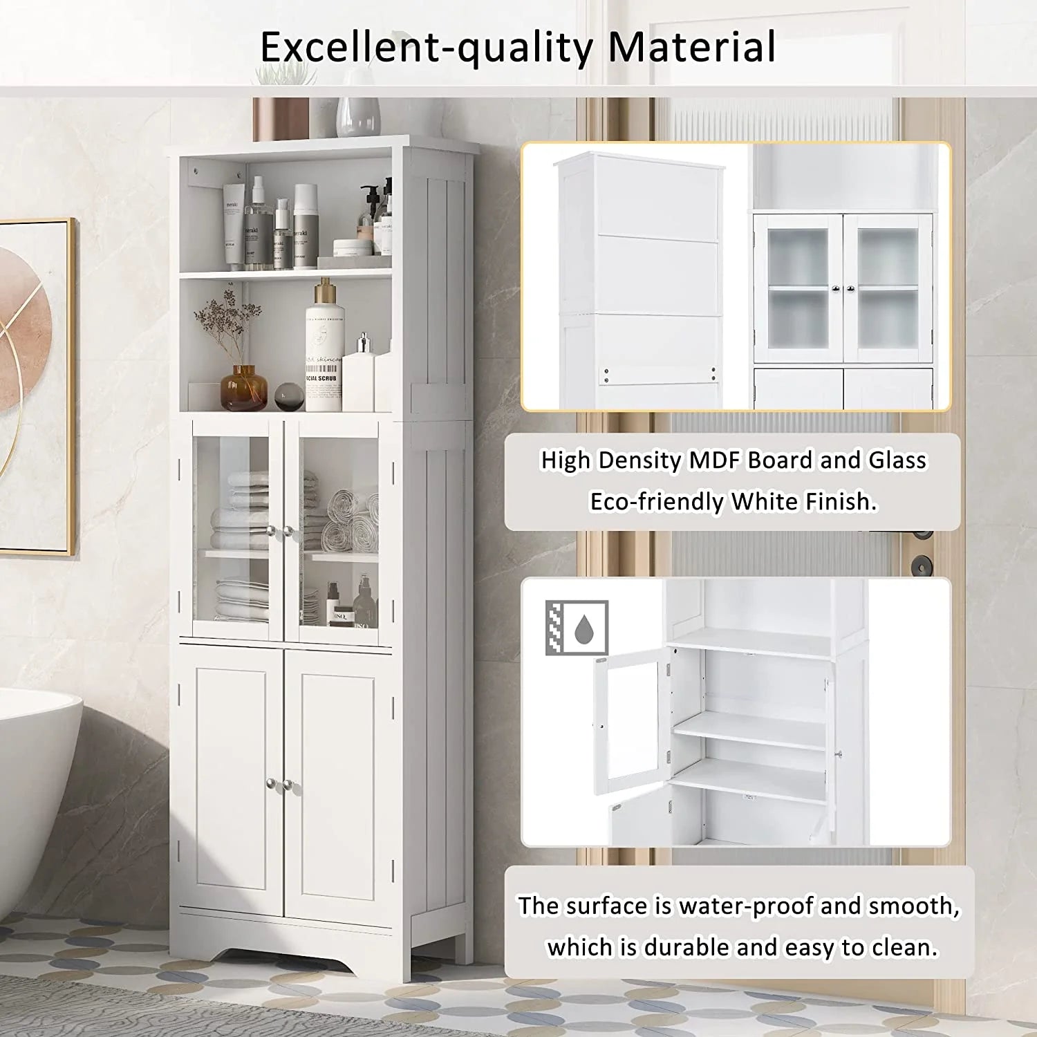 WANHUI White Storage Cabinet with Glass Doors and Adjustable Shelves D5774