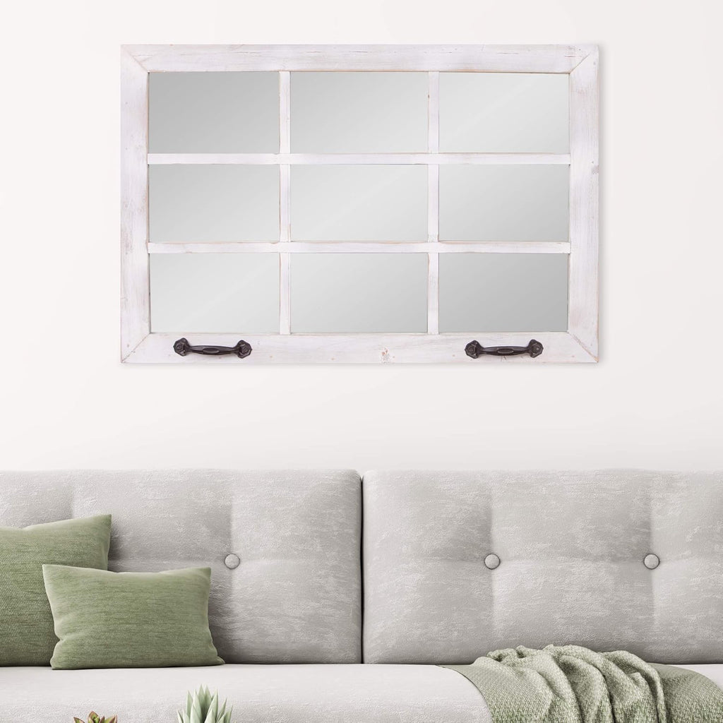Distressed White Windowpane Wall Mirror k7p
