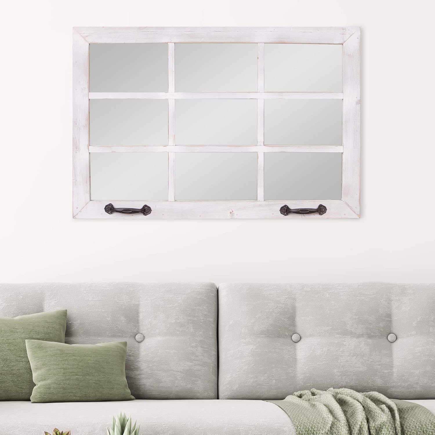 Distressed White Windowpane Wall Mirror k7p