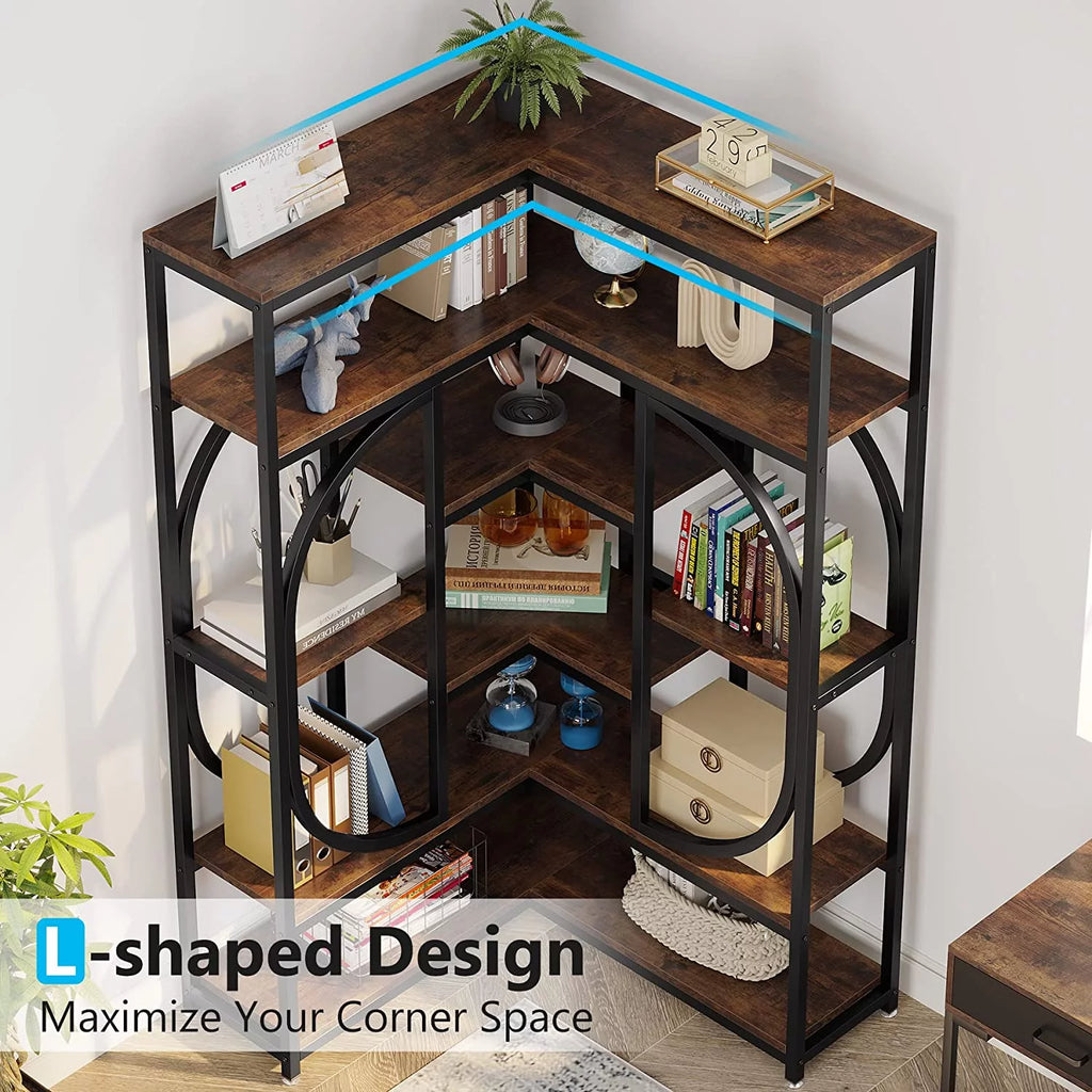 Tribesigns L Shaped Corner Bookshelf, 7 Shelf Bookcase, Rustic Brown & Black T1191
