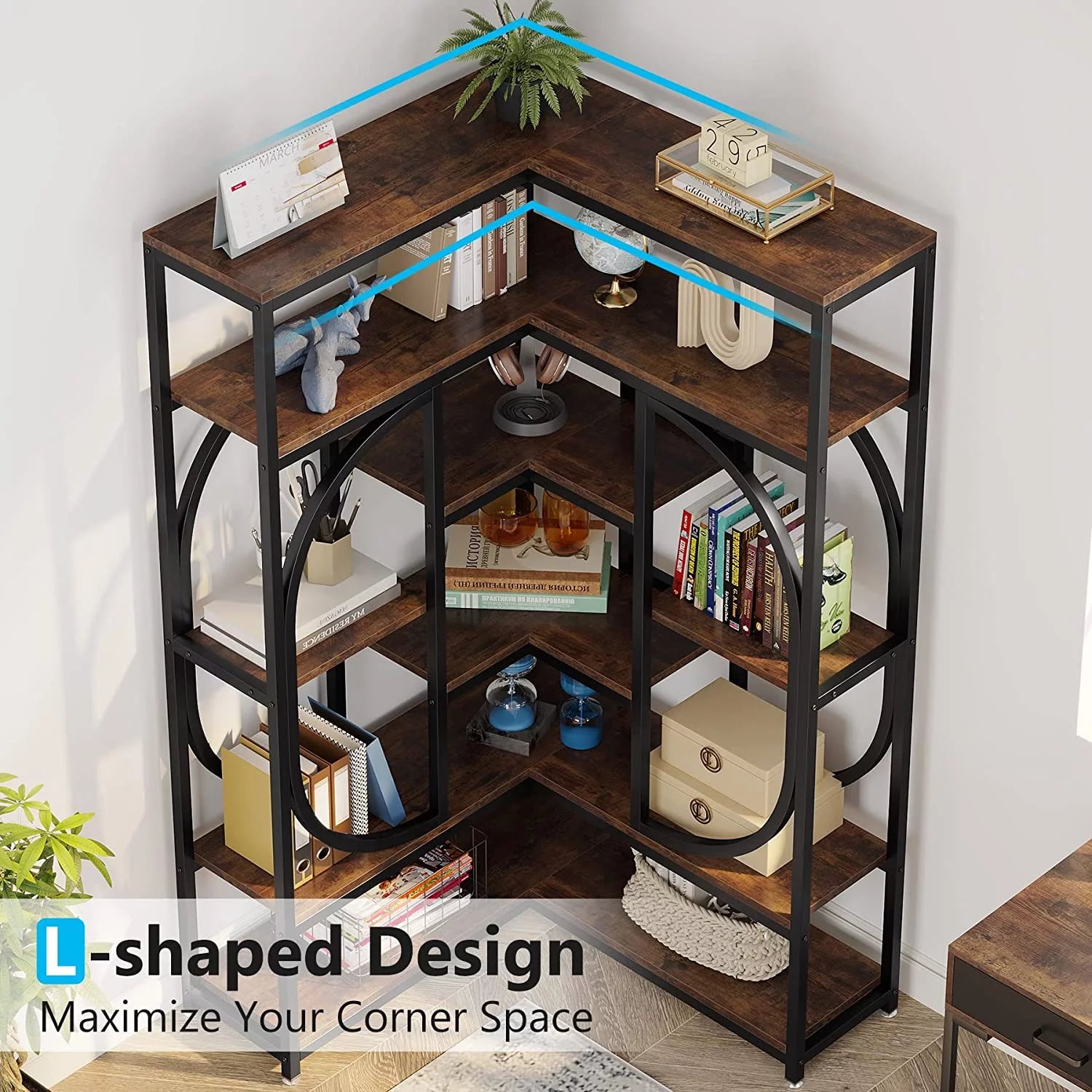 Tribesigns L Shaped Corner Bookshelf, 7 Shelf Bookcase, Rustic Brown & Black T1191
