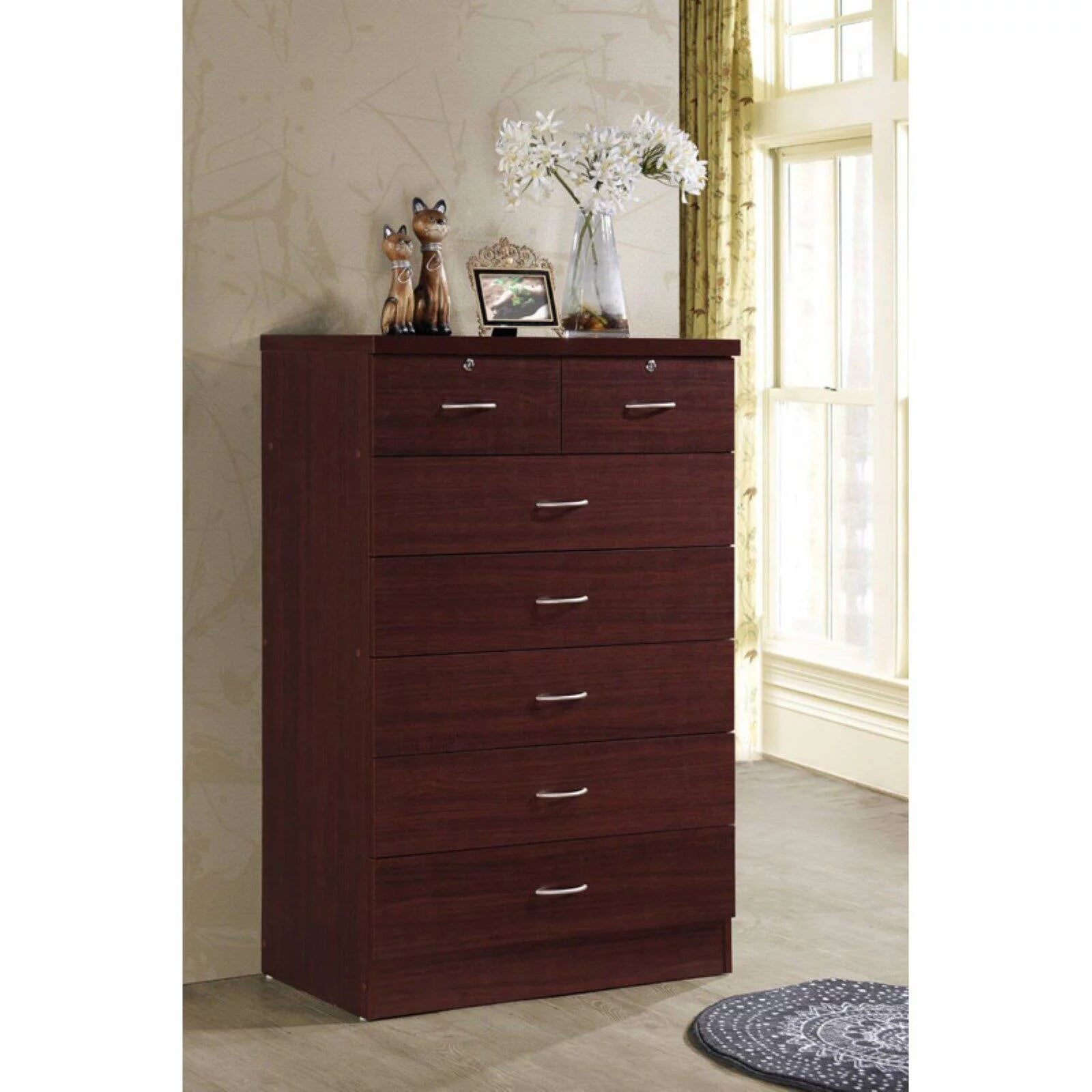 Hodedah 7 Drawer Wooden Dresser Chest with 2 Top Locks, Cherry K8270