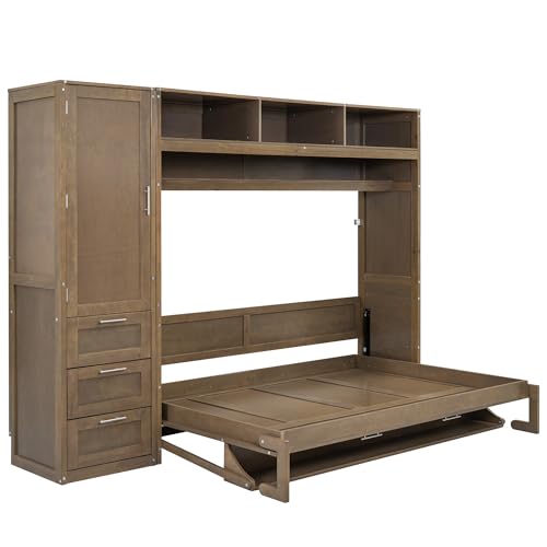 Modern Full Size Murphy Bed with Wardrobe and Storage Drawers, Solid Wood, Antique Grey N211