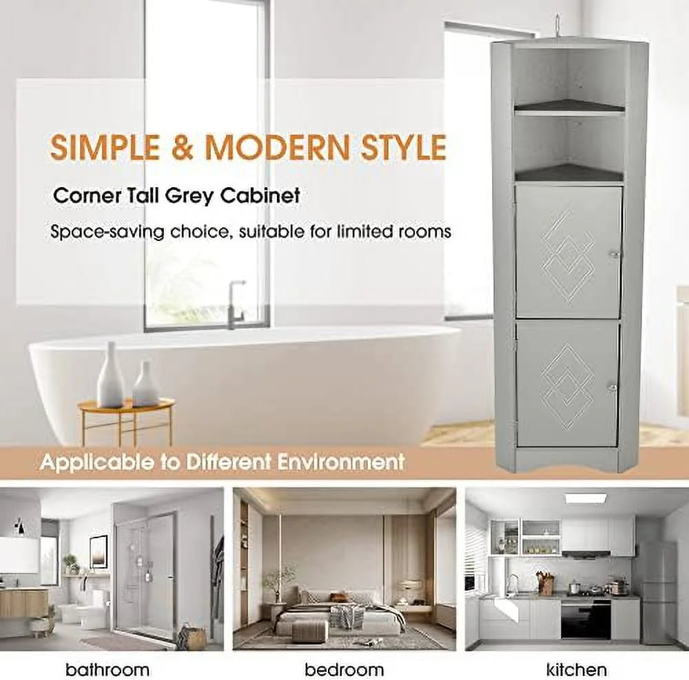TJUNBOLIFE Corner Cabinet with Doors and 2 Adjustable Shelves, Gray I237