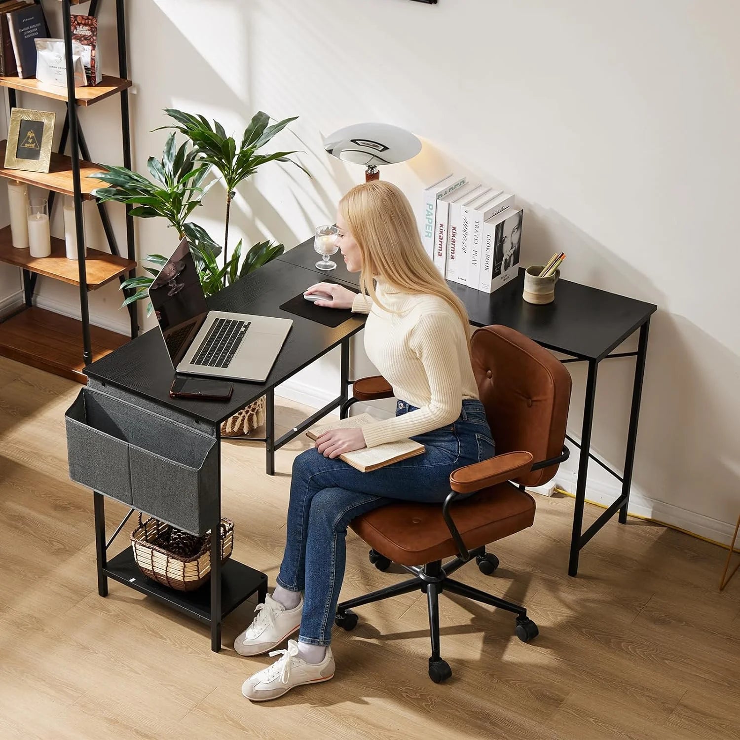 JIAH L Shaped Computer Desk 50 Inch with Wooden Desktop CPU Stand N745