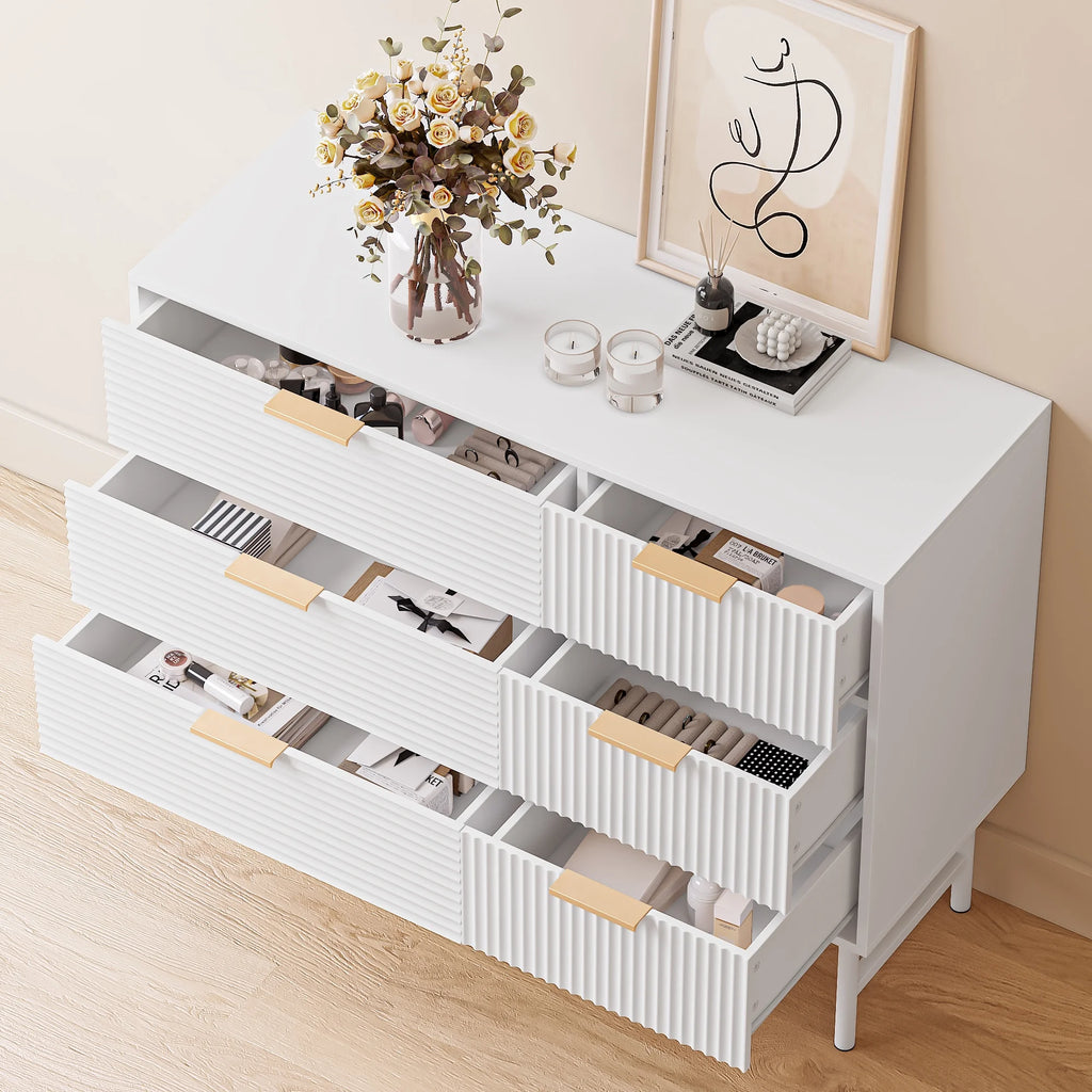 Homfa 6 Drawer Dresser for Bedroom, Creamy Wave Panel Wood Storage Cabinet C269