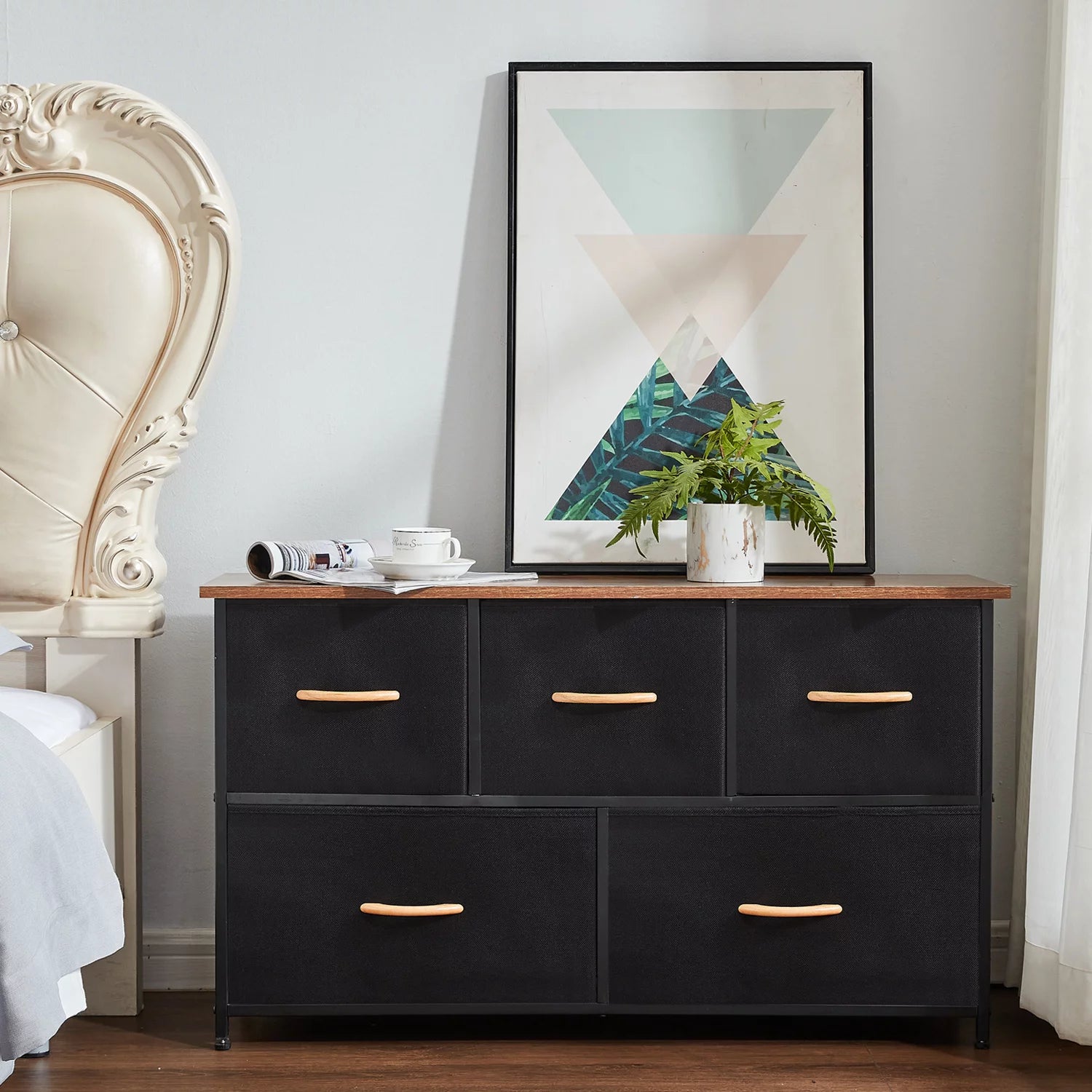 5 Drawer Dresser Storage Tower with Steel Frame Wood Top X639671