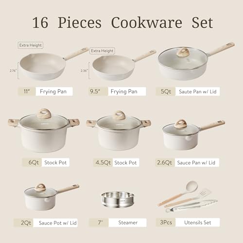CAROTE 17pcs Non Stick Pots and Pans Set, Induction Cookware, Cream White Y4004