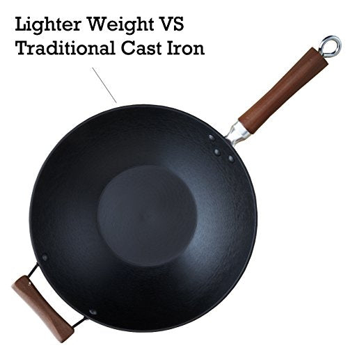 IMUSA USA Light Cast Iron Wok with Wood Handles 14-Inch N953