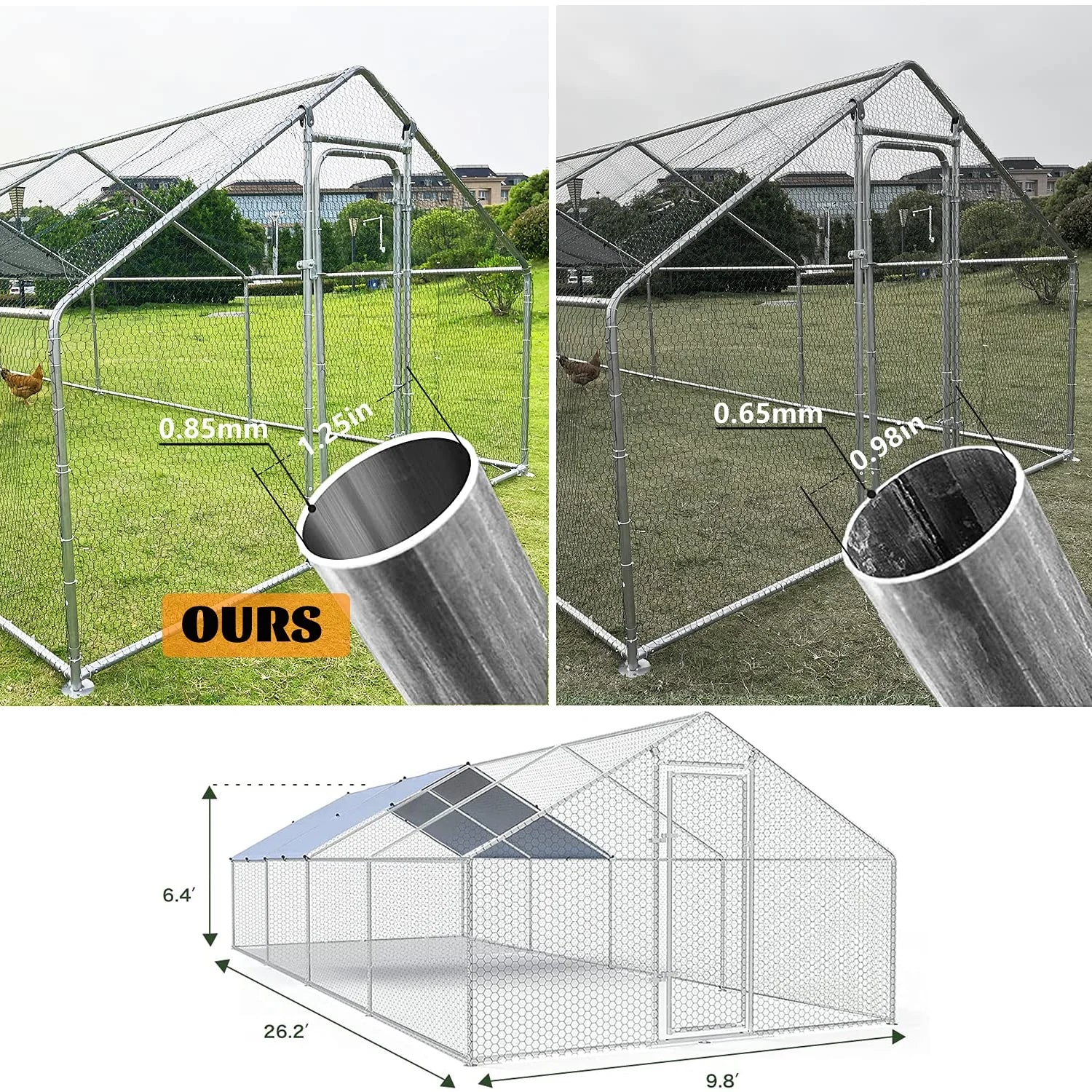 Large Chicken Run Coop 10x26ft Metal Hen House Walk-in Poultry Cage W/ Cover k7