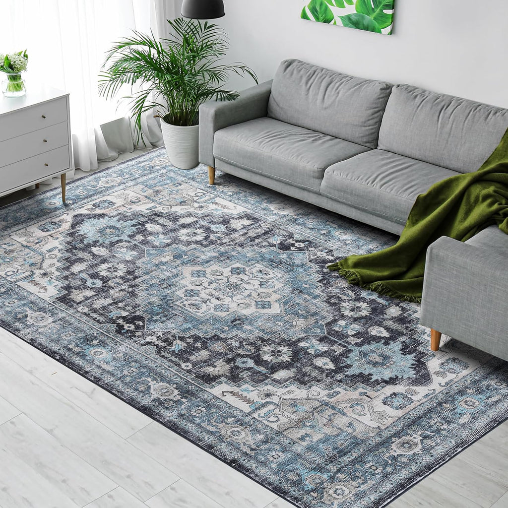 Vintage Blue 8x10 Non Slip Washable Area Rug for Living Room C5928
