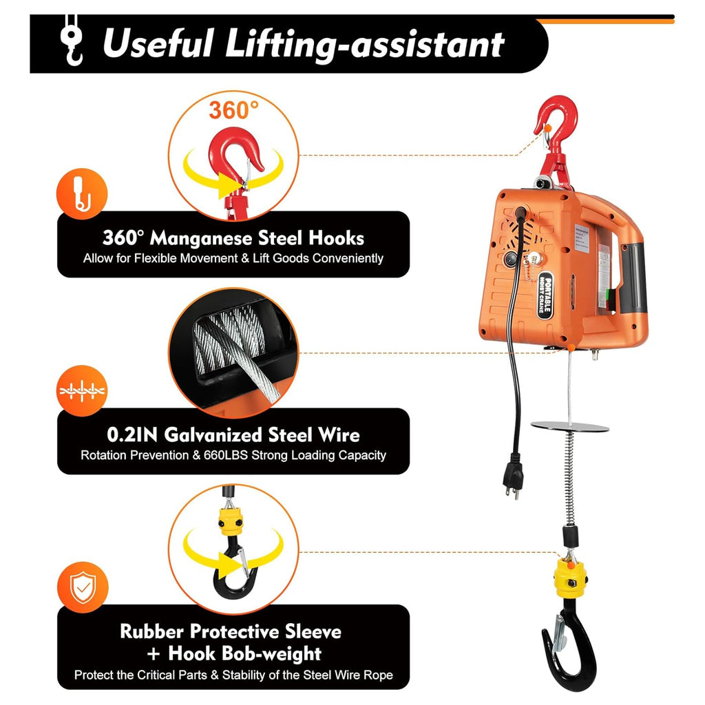 Electric Hoist Winch 660LBS 110V Wireless Remote k7