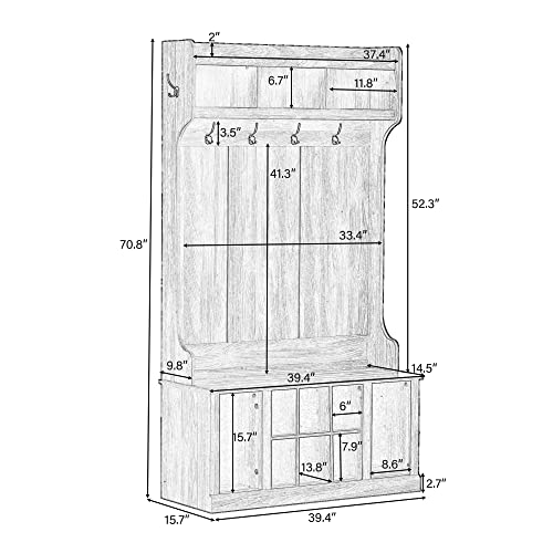 Hall Tree with Storage Bench, 6 Hooks, Entryway Coat Rack (Tiger) H6698