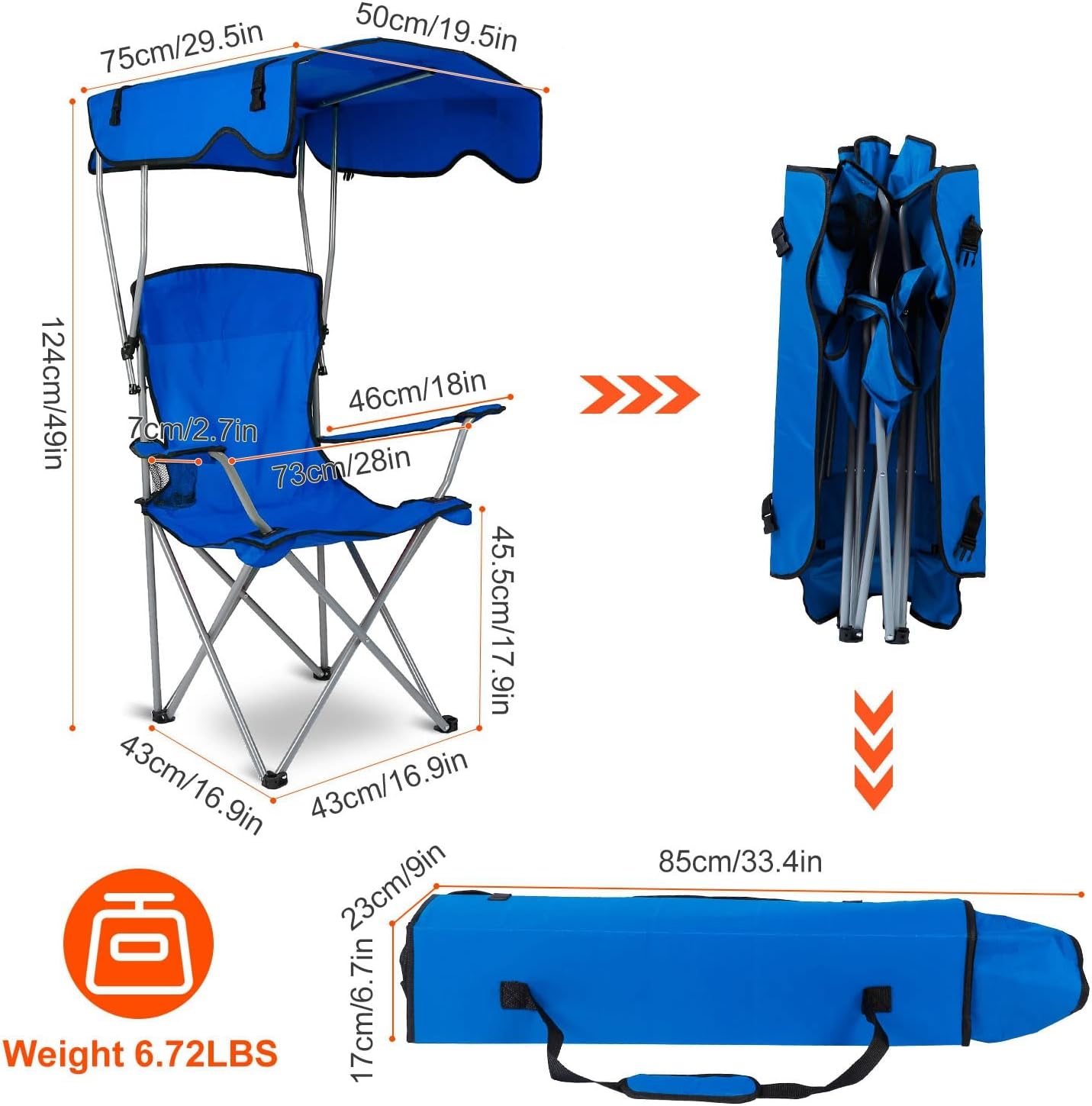 Camping Chair with Shade Canopy, Heavy Duty Folding, UPF 50+ Sun Protection Portable Outdoor Support 330 LBS Blue k7