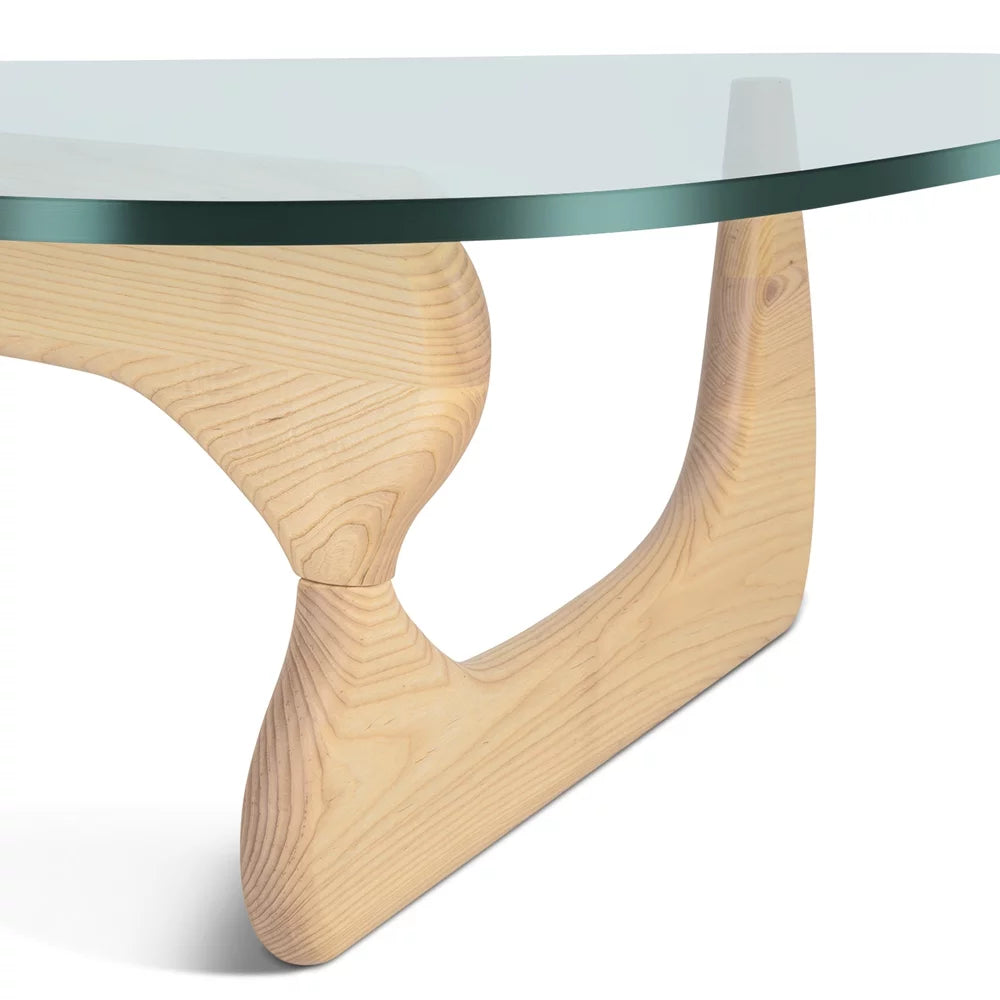 Mid Century Triangle Tempered Glass Coffee Table Solid Wooden Base 7k