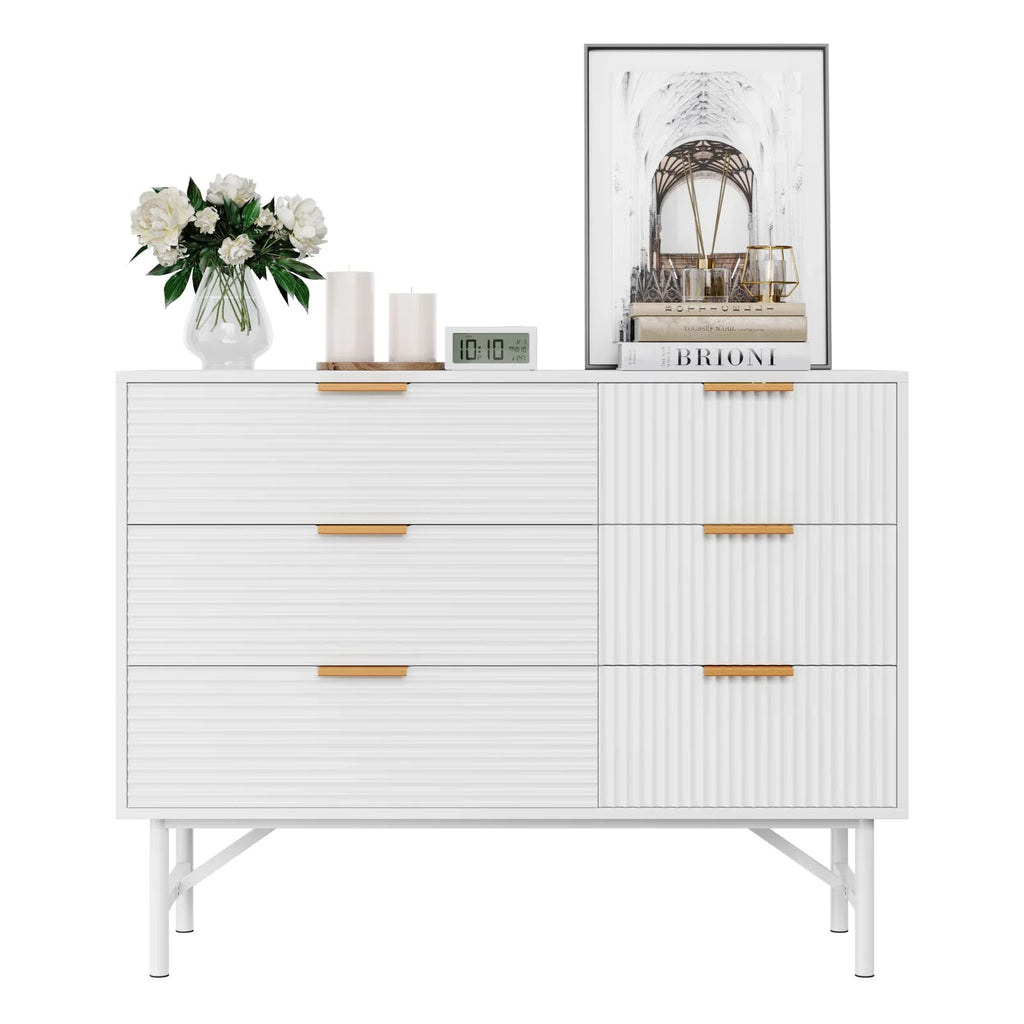Homfa 6 Drawer Dresser for Bedroom, Creamy Wave Panel Wood Storage Cabinet C269