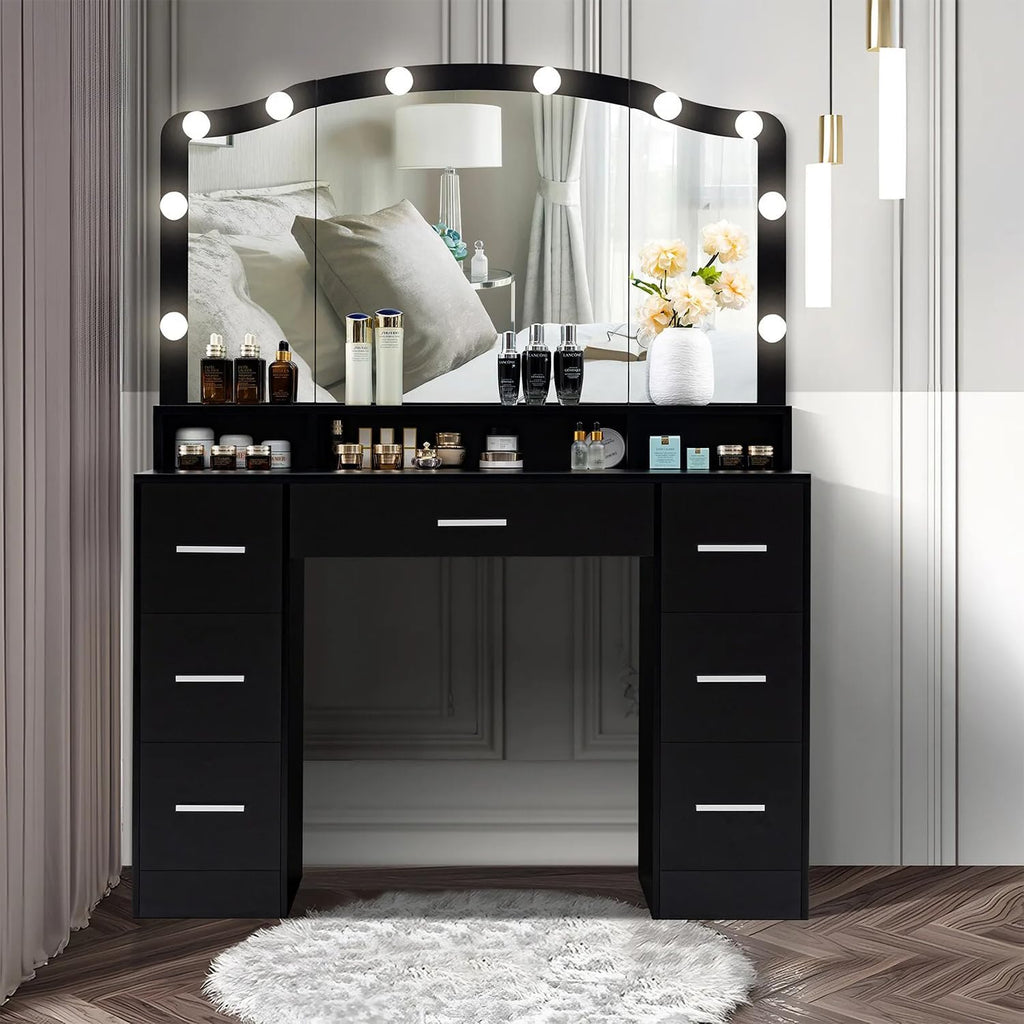Modern 43.3" Black Vanity Desk with Lighted Mirror and 7 Drawers M739