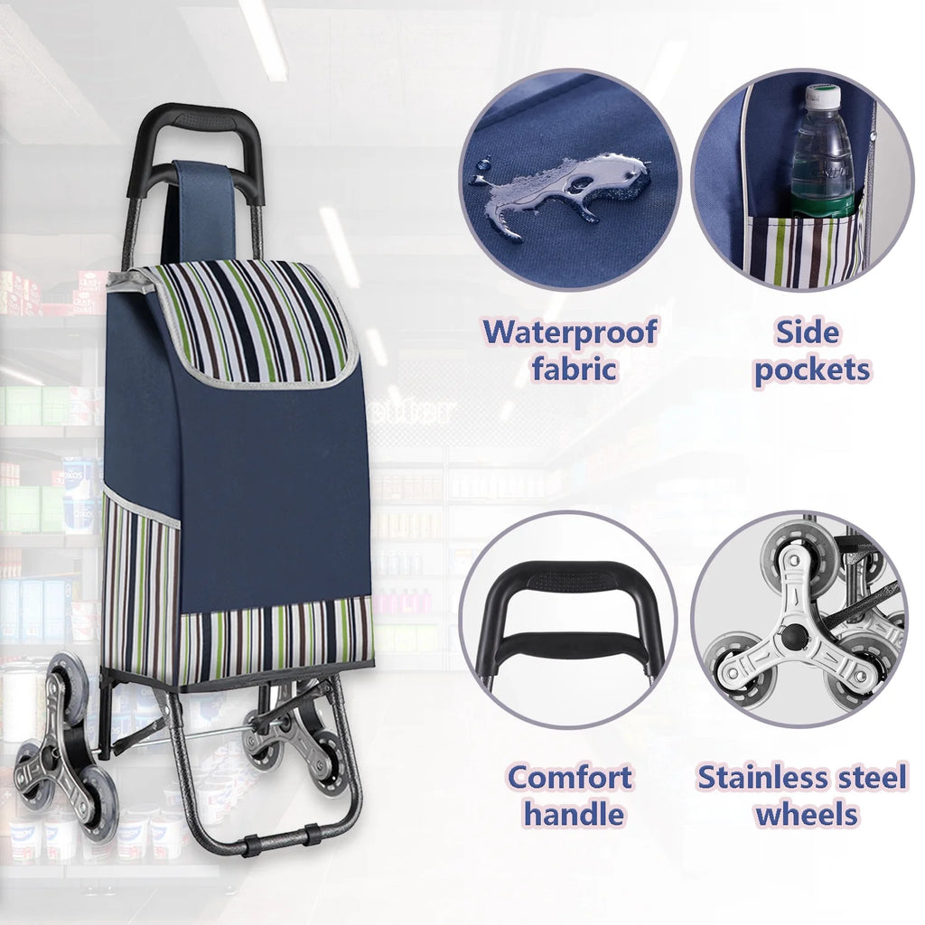 Folding Shopping Cart with Wheels, Stair-Climbing Utility Trolley Blue k7