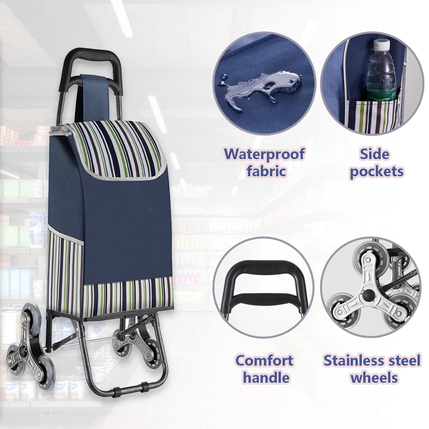 Folding Shopping Cart with Wheels, Stair-Climbing Utility Trolley Blue k7