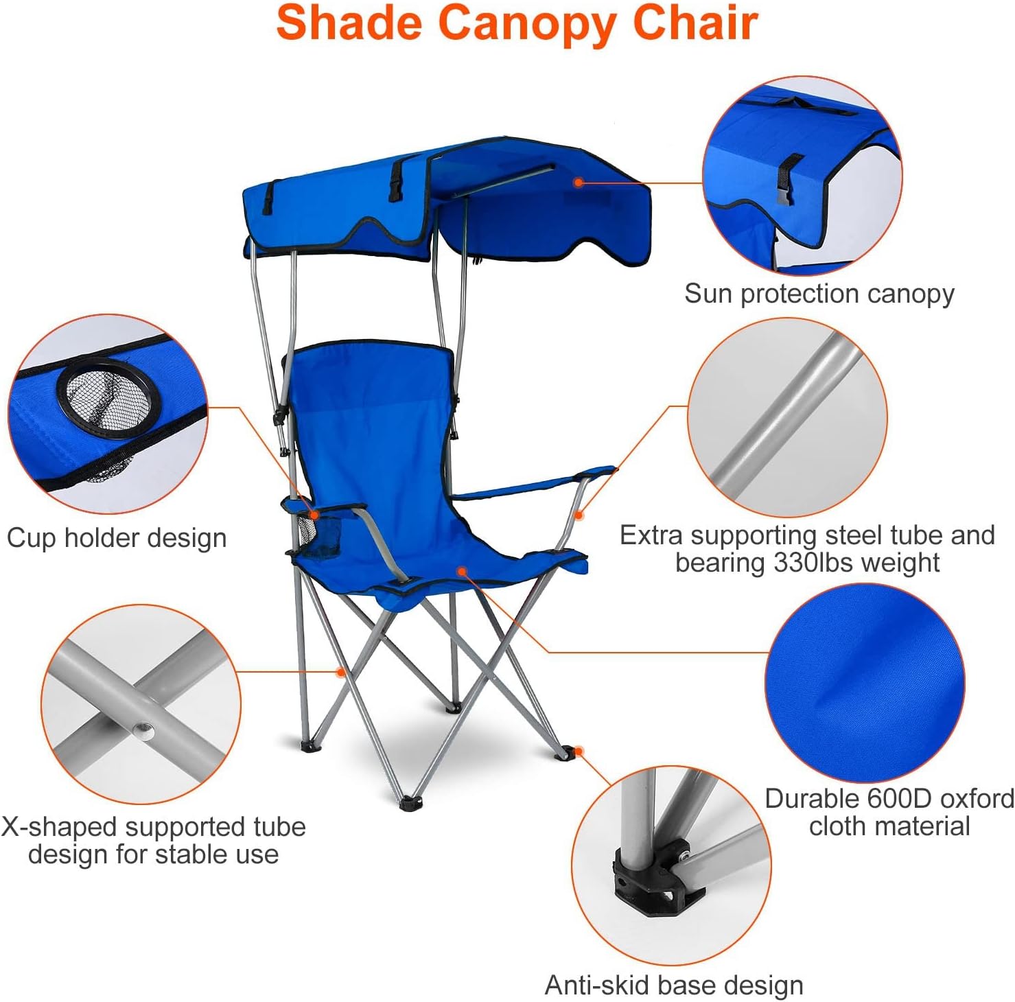 Camping Chair with Shade Canopy, Heavy Duty Folding, UPF 50+ Sun Protection Portable Outdoor Support 330 LBS Blue k7