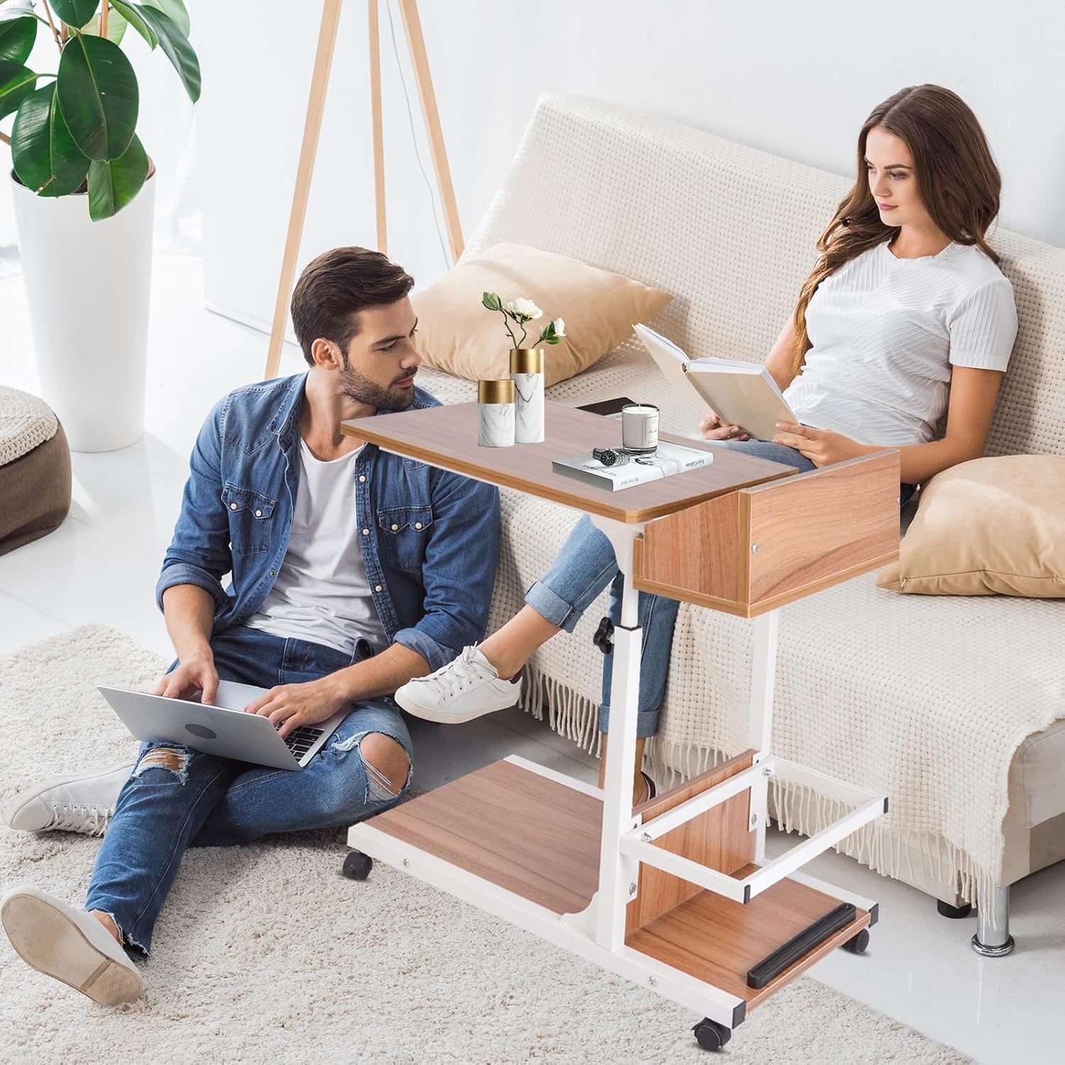 Adjustable Over Bed Table with Drawer and Wheels a7
