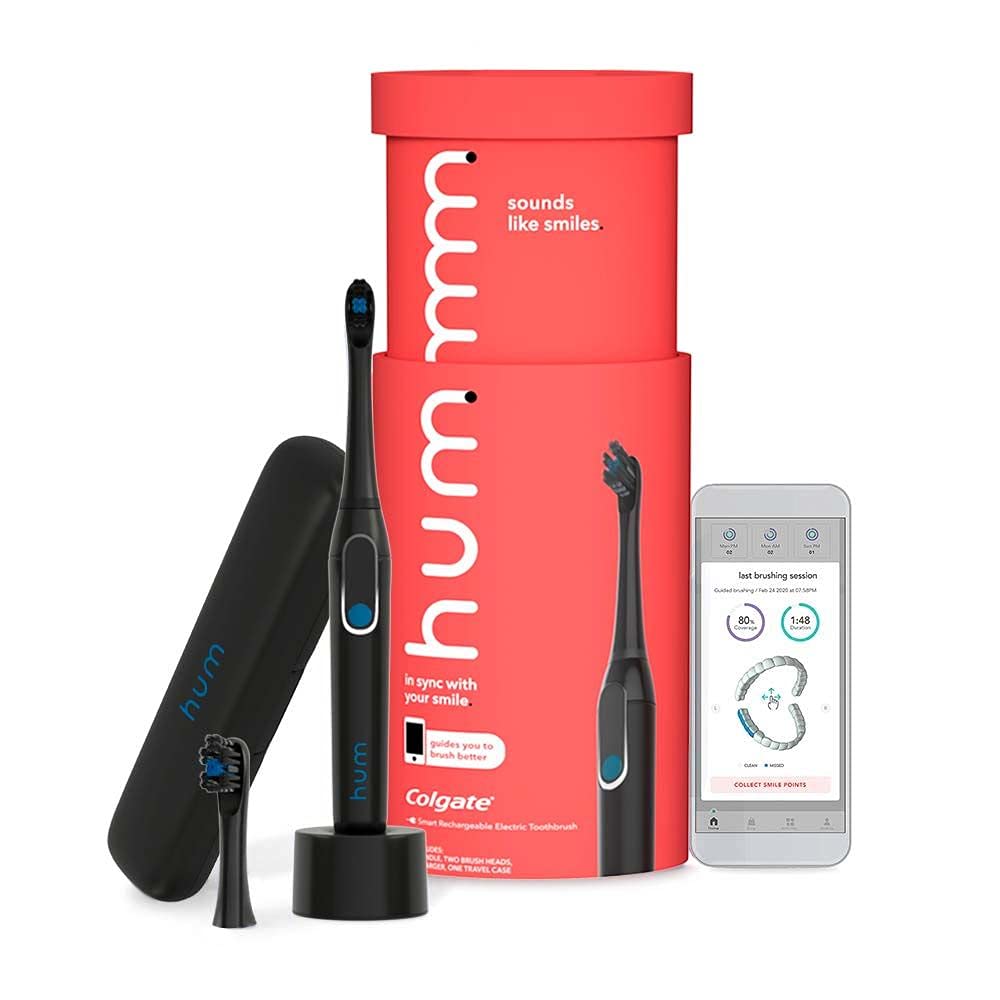 hum by Colgate Smart Electric Toothbrush Kit, Rechargeable Sonic Toothbrush with Travel Case & Bonus Replacement Brush Head, Blue Pack of 2