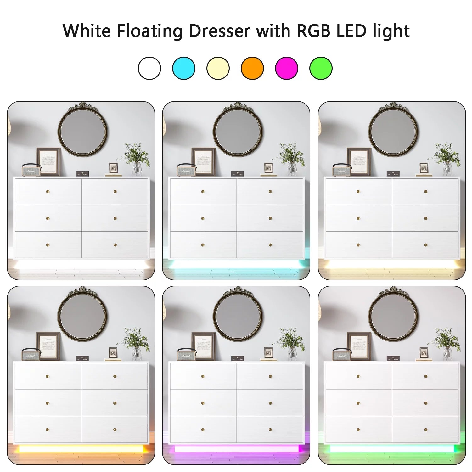 4 EVER WINNER Dresser with LED Light, White 6 Drawers for Bedroom V851432