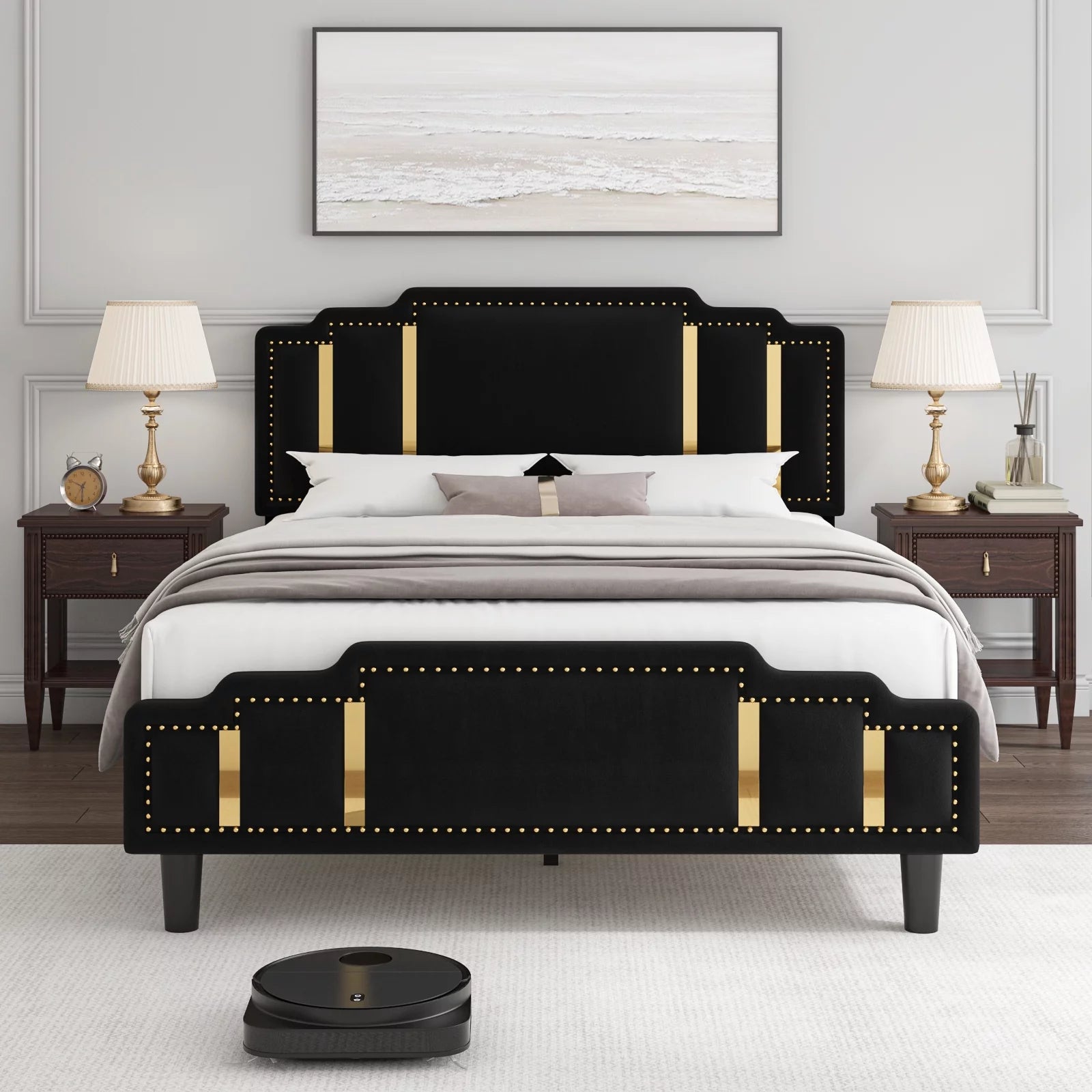 Queen Velvet Upholstered Platform Bed with Adjustable Headboard Black k7m