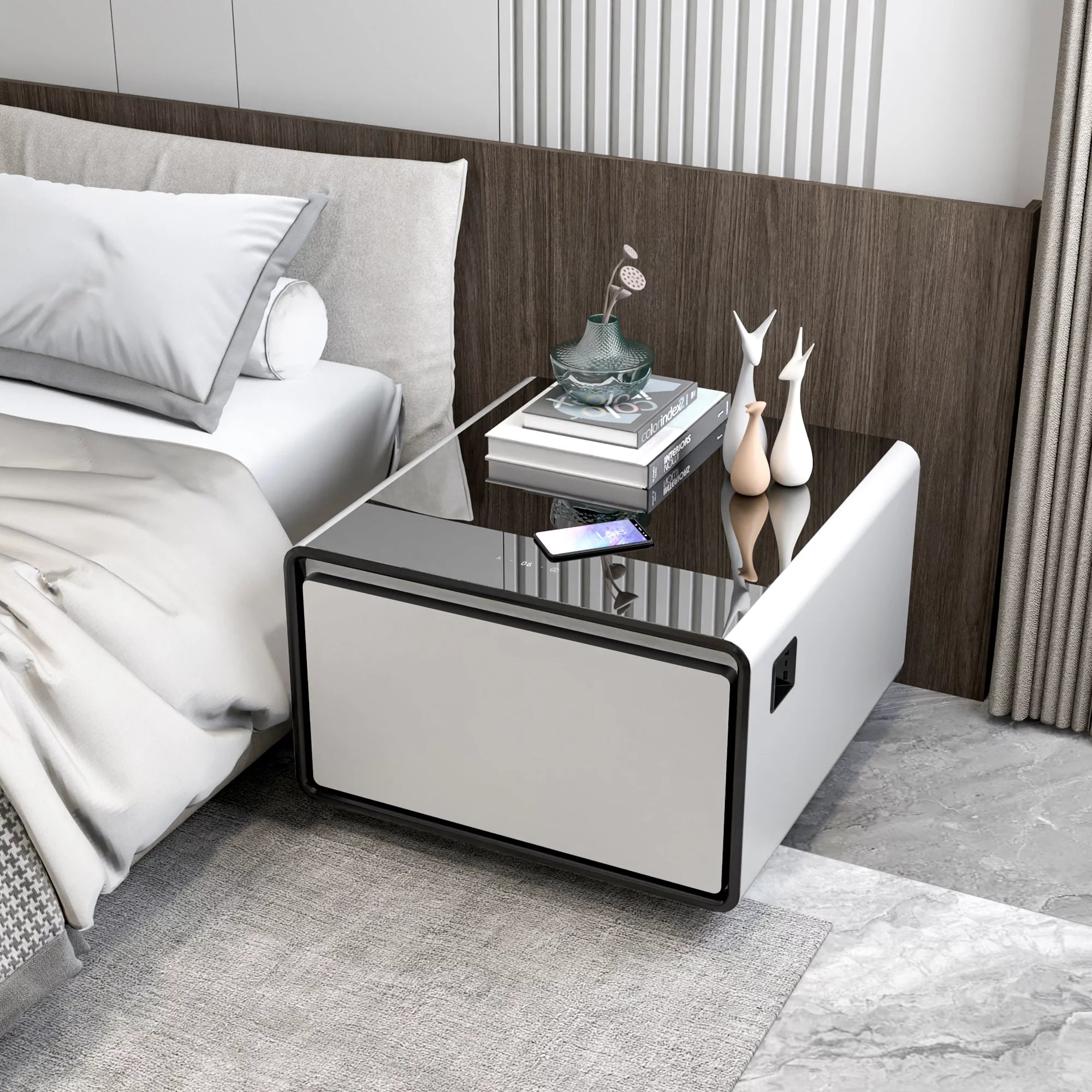 Livtab Smart Side Table with Built-in Fridge and Charging Station, White H571