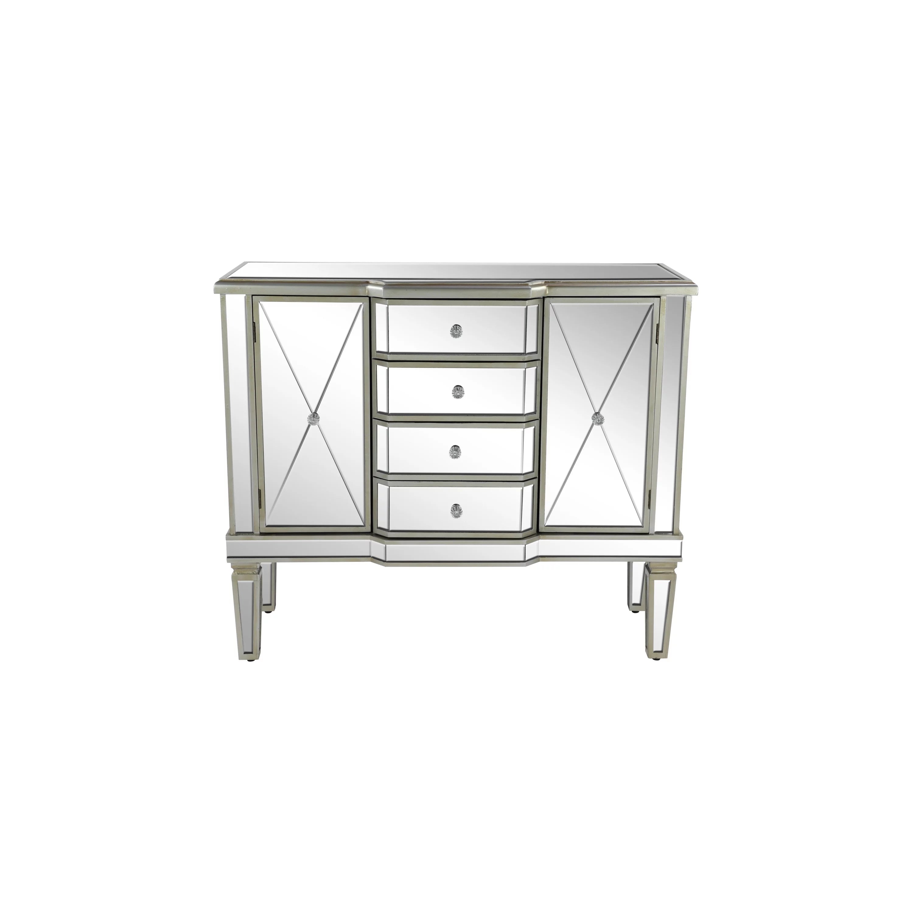 DecMode Silver Wood Mirrored Panel Buffet with 4 Drawers and 2 Doors L67333